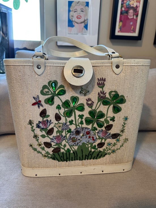 Vintage Handbags - Vintage Cream Tote with Green Floral Appliqué and Jewel Accents